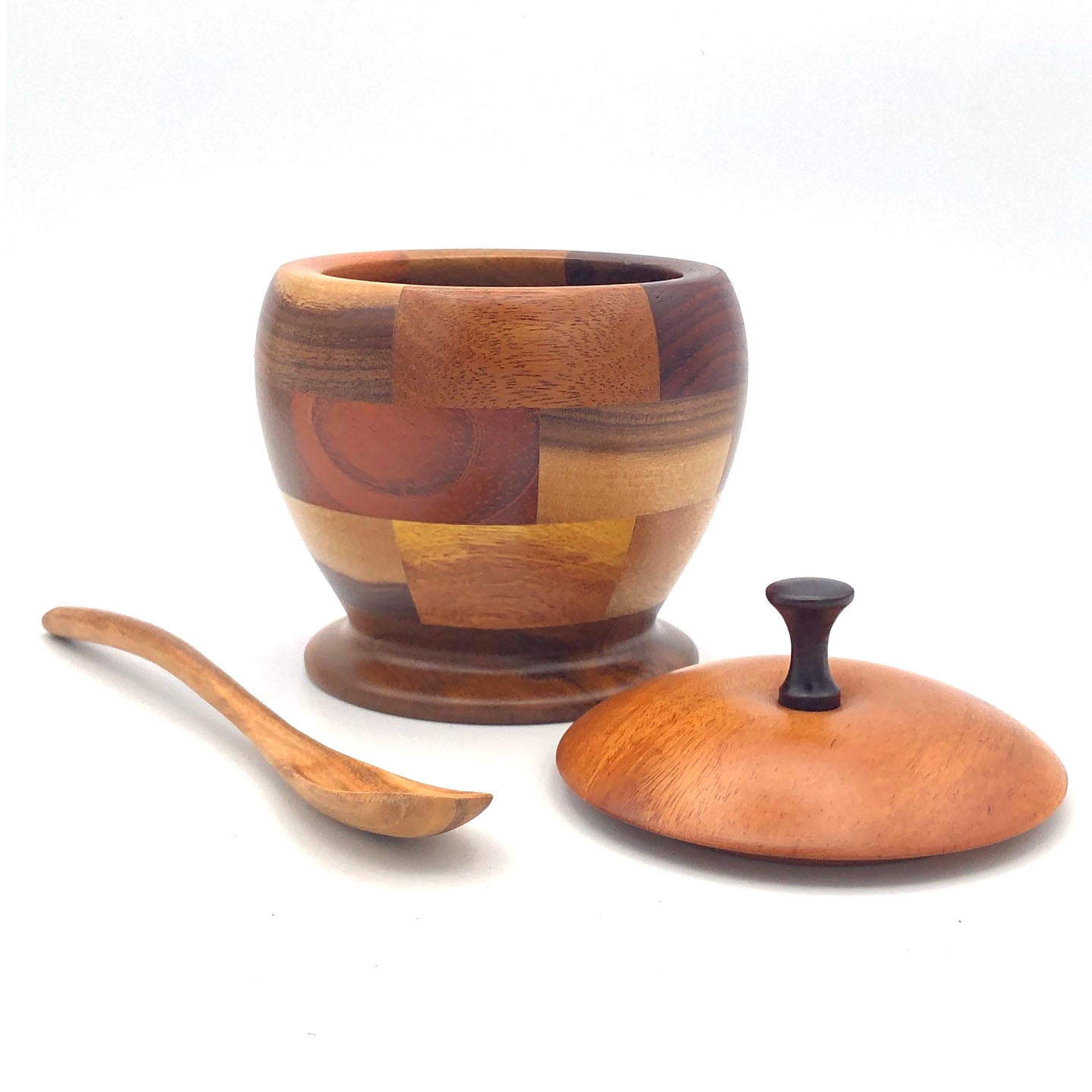 Tropical Hardwood Multi-wood Sugar Bowl with Lid & Spoon