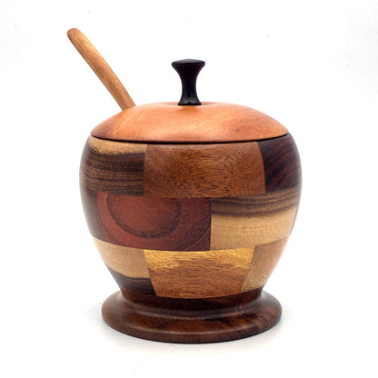 Tropical Hardwood Multi-wood Sugar Bowl with Lid & Spoon